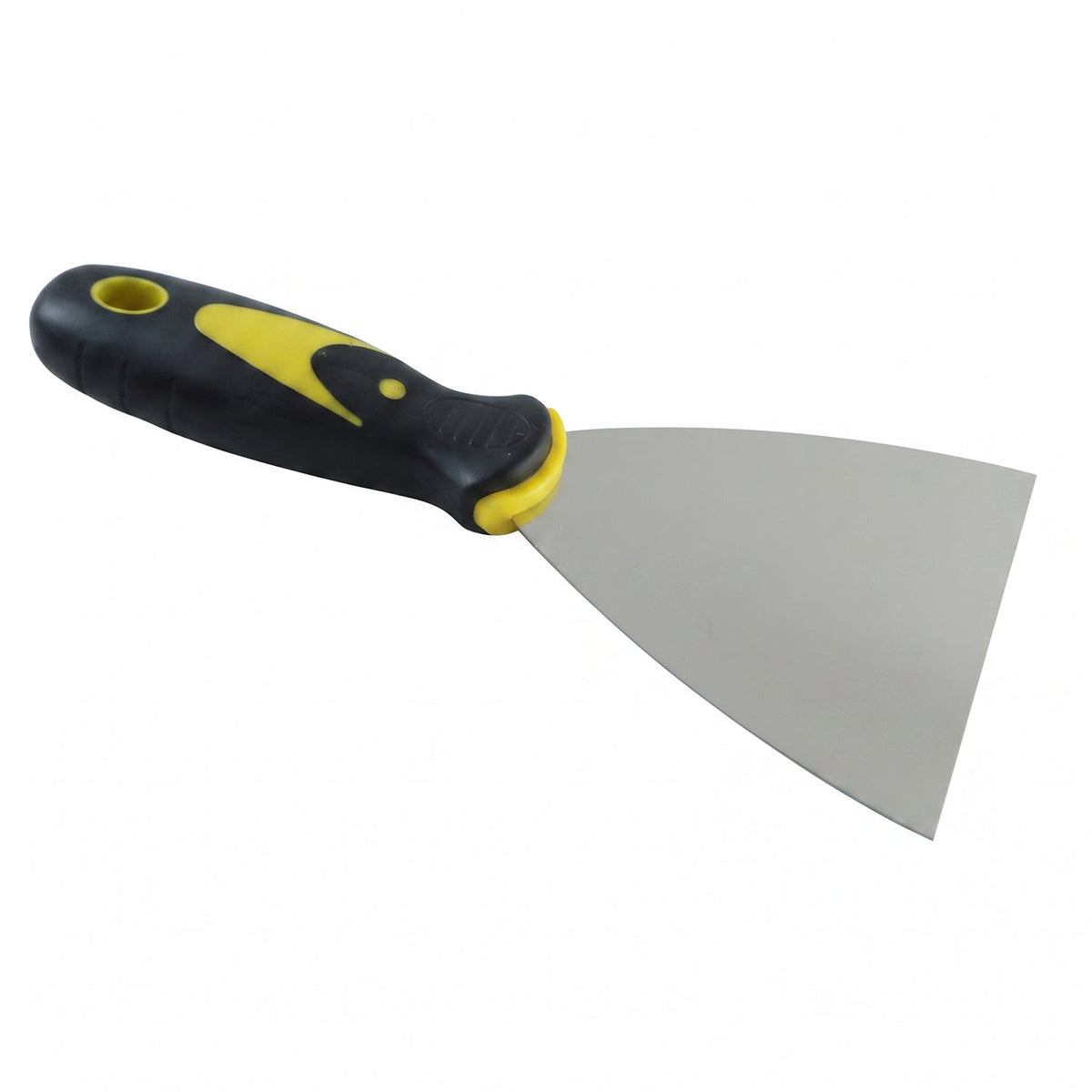 A stainless steel putty knife with a black and yellow ergonomic handle is shown on a white background.