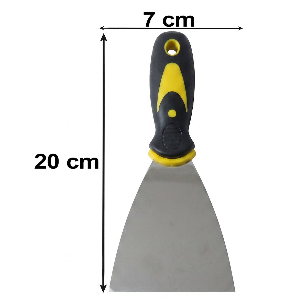 A stainless steel putty knife with a black and yellow handle shown with dimensions: 20 cm total length, 7 cm blade width.