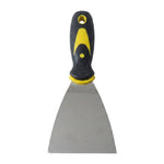 A stainless steel putty knife with a black and yellow ergonomic handle stands upright against a white background.