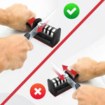 User safely sharpening a kitchen knife with the manual 3-stage sharpener.