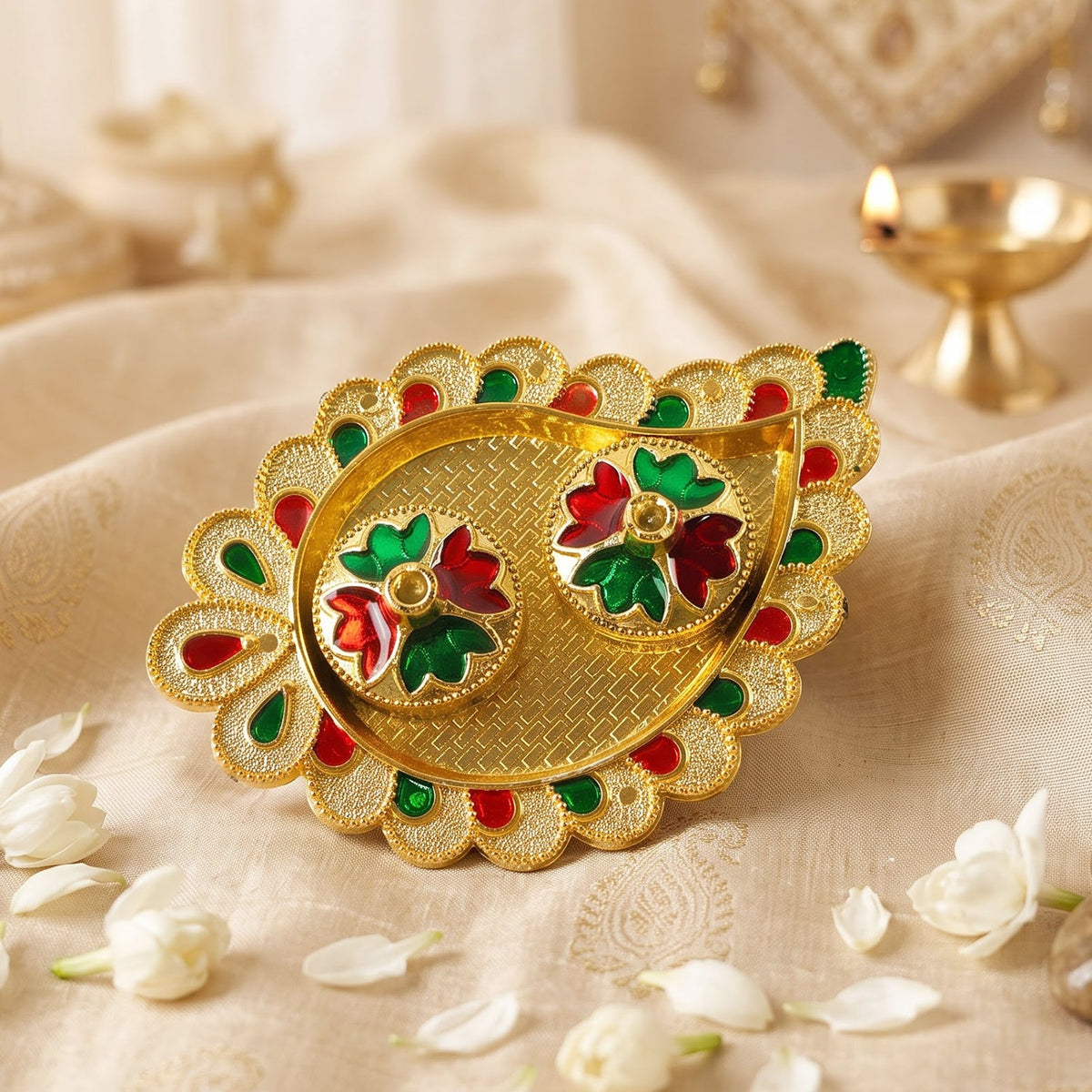 Mango Shape Kumkum Dish with 2 Diya Stands for Puja Thali Decor