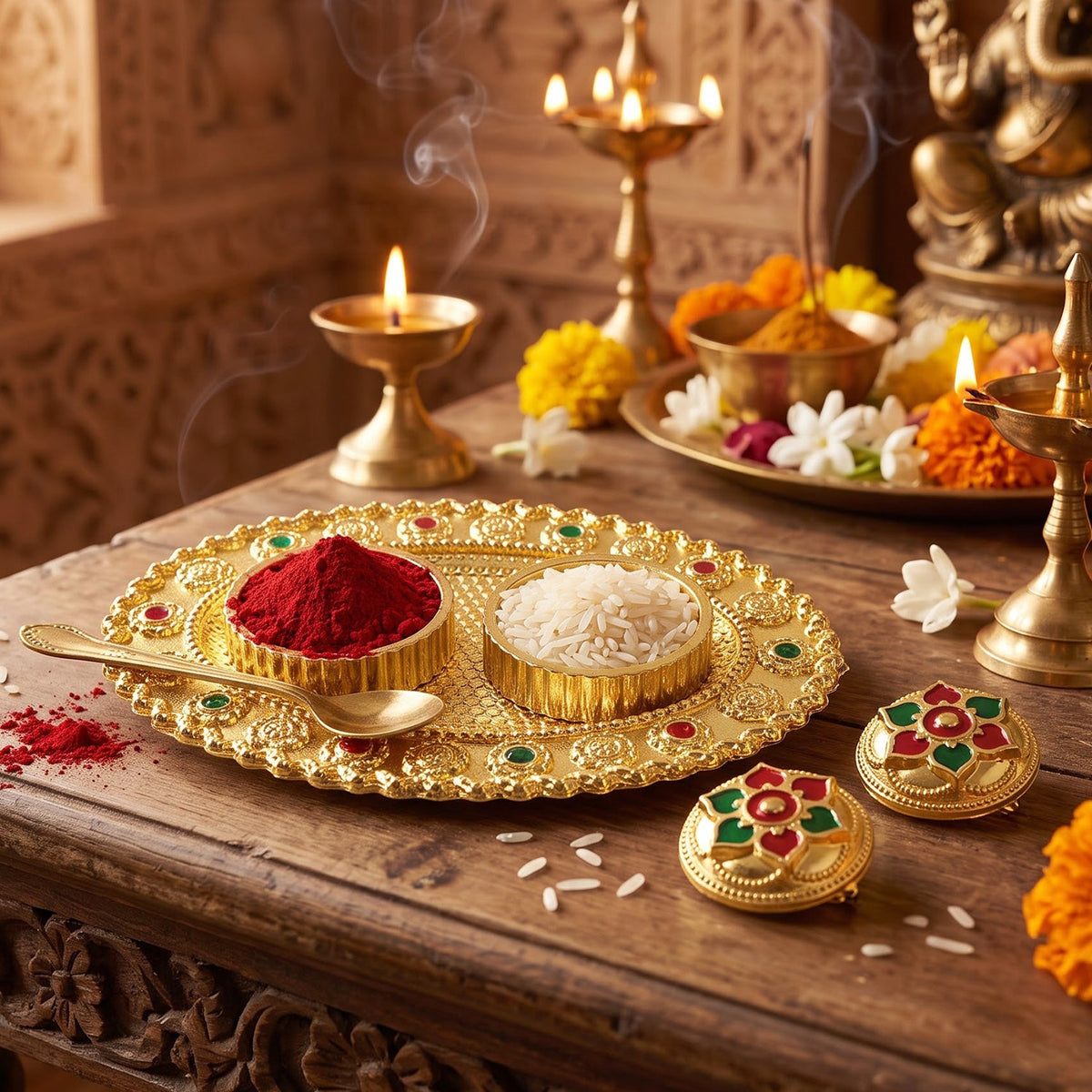 Oval Golden Kankavati Kumkum Holder with Meena Work Border