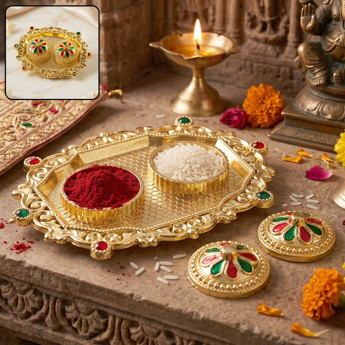 Decorative Golden Kankavati Kumkum Holder with Meenakari Lids