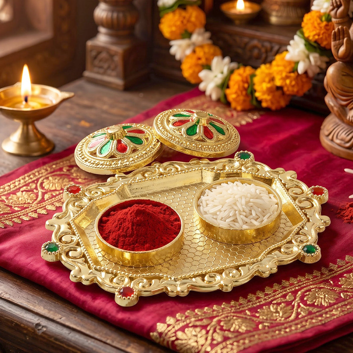 Decorative Golden Kankavati Kumkum Holder with Meenakari Lids