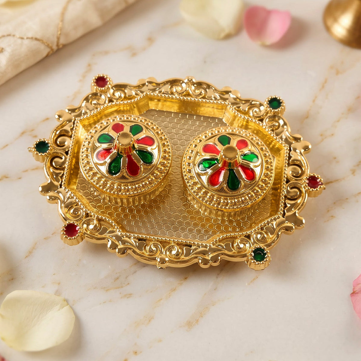 Decorative Golden Kankavati Kumkum Holder with Meenakari Lids