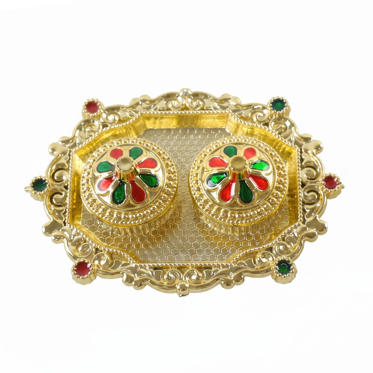 Decorative Golden Kankavati Kumkum Holder with Meenakari Lids