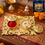Golden Kankavati Kumkum Holder with Carved Frame and Lids