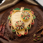 Leaf Shape Golden Kankavati Kumkum Holder with Enamel Lids