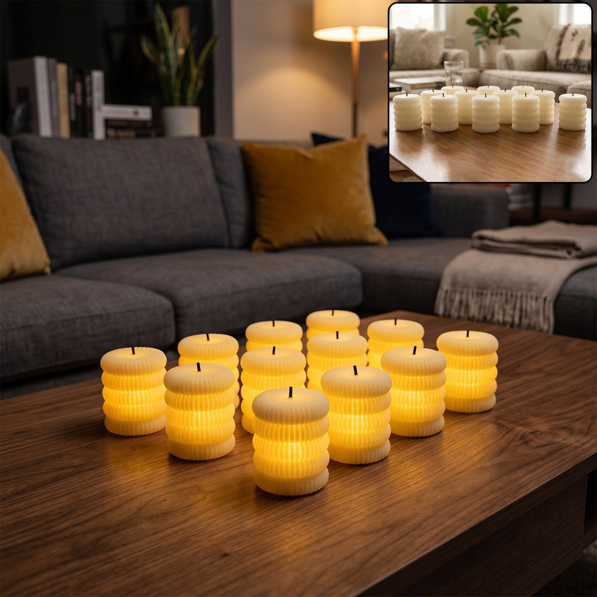 Twelve illuminated cream ribbed LED candles glow warmly on a dark wooden coffee table in a living room.