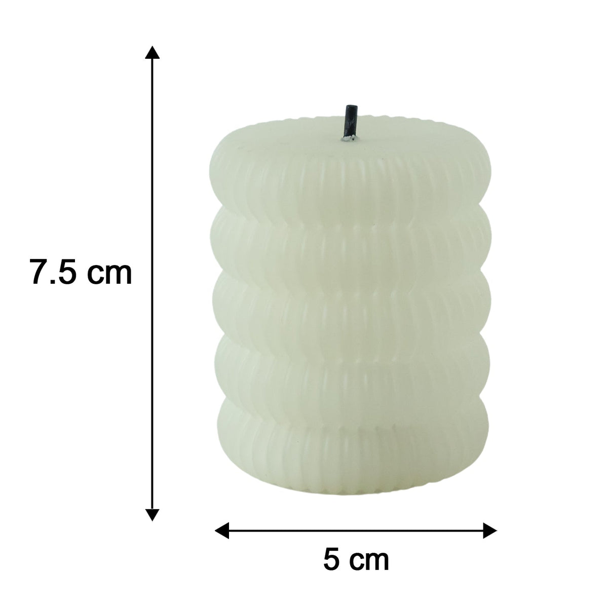 A single cream ribbed LED candle with a black wick is shown with its height and width dimensions.