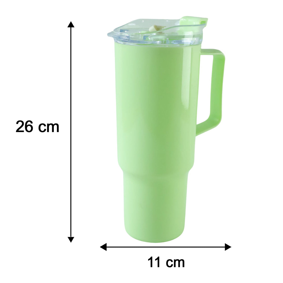 A light green travel tumbler with a handle and lid is shown with dimensions of 26 cm height and 11 cm width.