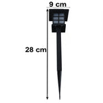 A single black solar garden light with a square top and stake is shown with dimensions of 9 cm and 28 cm.