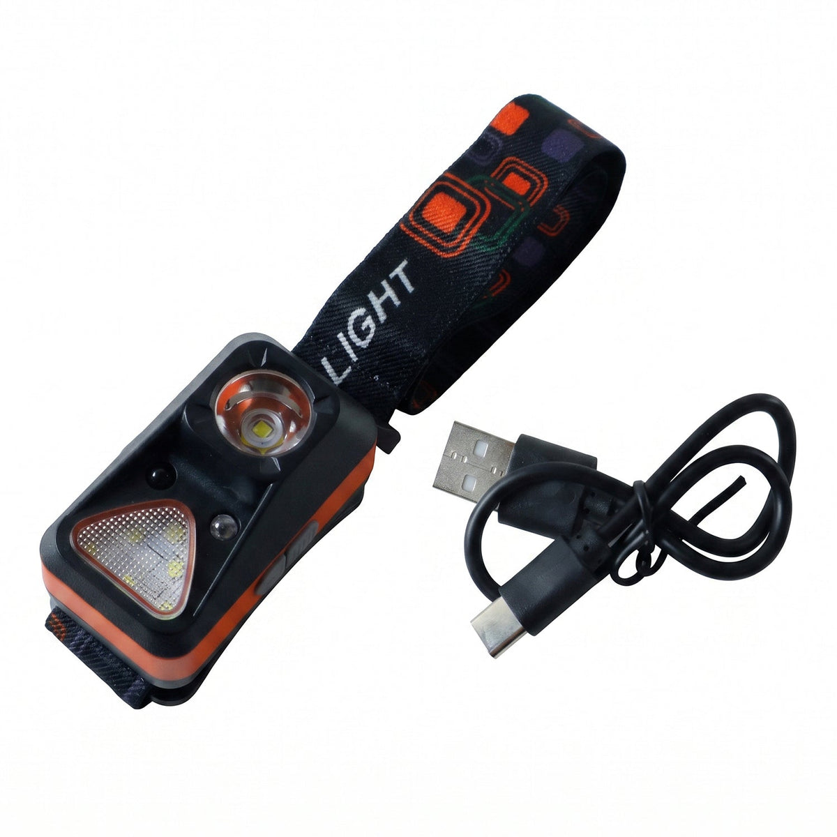The orange and black headlamp with its patterned strap and a coiled USB-C charging cable on a white background.