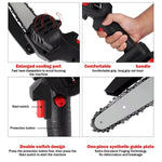 Close-up of mini electric chainsaw showing ergonomic grip and safety guard