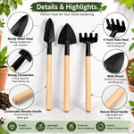 A graphic display of three miniature gardening tools with callouts detailing their features and uses.
