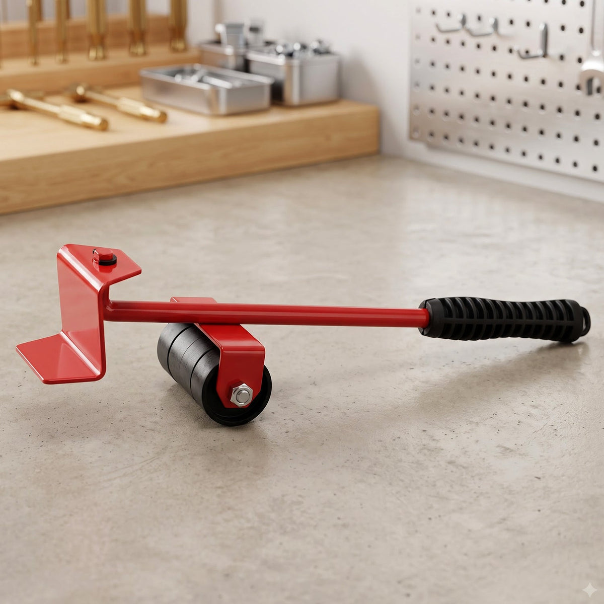 A red furniture lifter tool with a black handle and rollers rests on a light grey workbench with tools in the background.