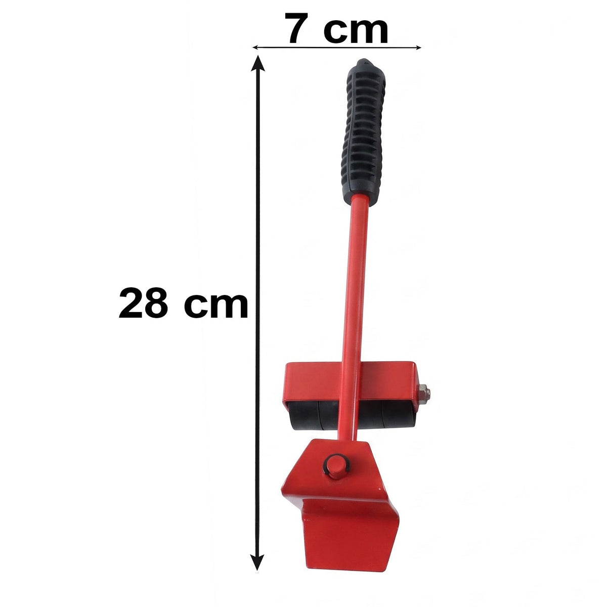 A red furniture lifter tool with a black handle is shown with its dimensions, 28 cm long and 7 cm wide.