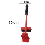 A red furniture lifter tool with a black handle is shown with its dimensions, 28 cm long and 7 cm wide.