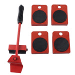 The red furniture lifter and four square wheeled sliders with black pads are arranged on a white background.