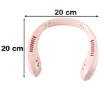 A pink portable neck fan with dimensions of 20 cm by 20 cm indicated by black arrows and text.