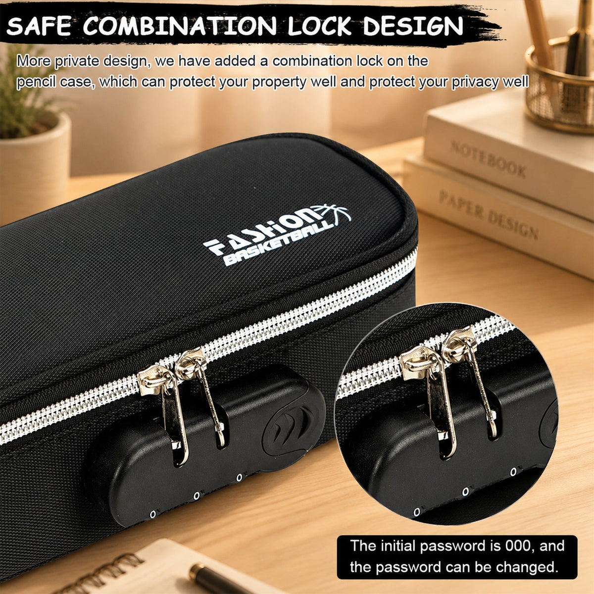 4 Layer Zipper Stationery Pouch Pencil Case with Combination Lock for Students