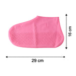 A single pink silicone shoe cover, marked with an L, is shown with dimensions: 29 cm long and 16 cm high.