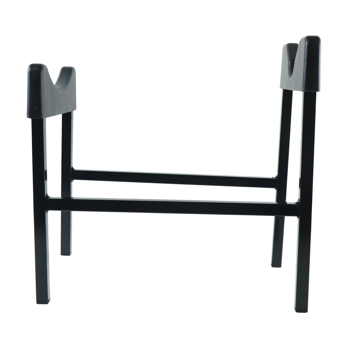 A black metal water bottle stand with two U-shaped supports and a horizontal brace is shown against a white background.