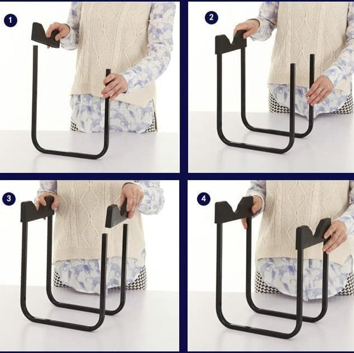 A four-panel grid shows a person assembling the black metal water bottle stand step-by-step.