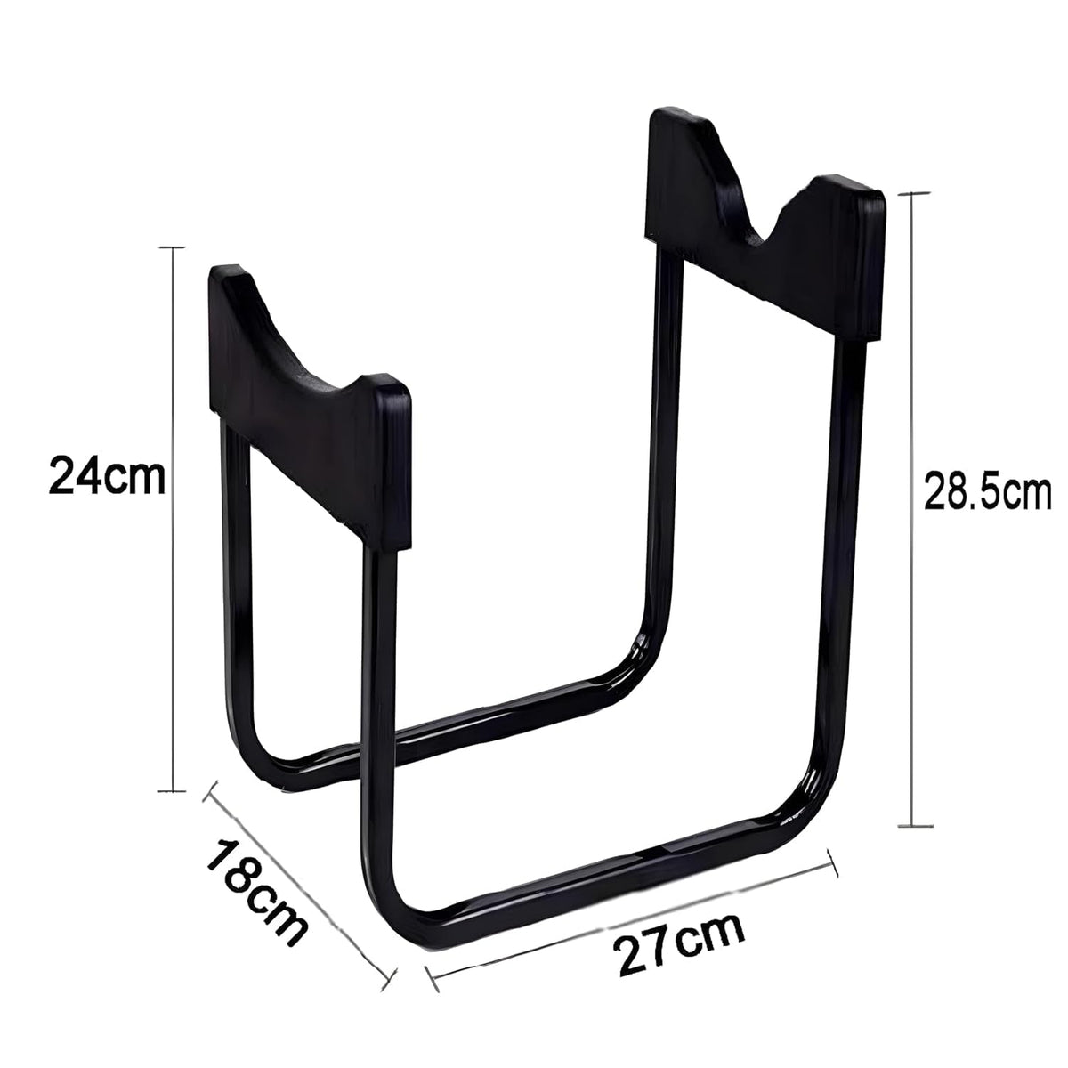 A black metal water bottle stand with dimensions labeled in centimeters for height, width, and depth.