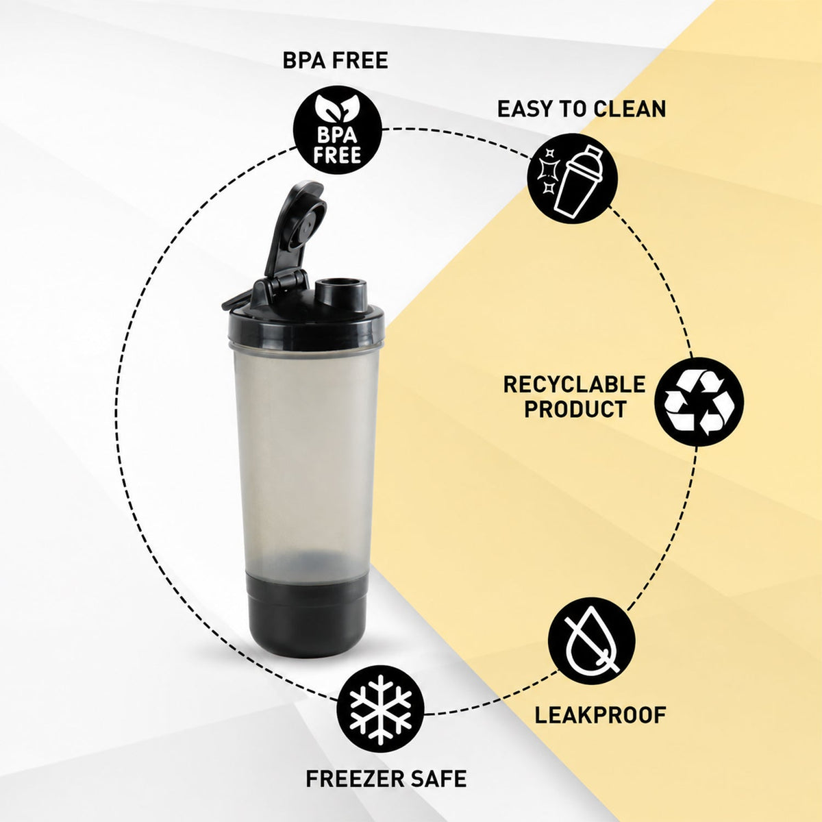 A grey and black shaker bottle is surrounded by icons highlighting its BPA-free, easy-to-clean, recyclable, leakproof, and