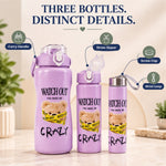 Three purple water bottles with a teddy bear design, highlighting features like carry handle, straw sipper, screw cap, and