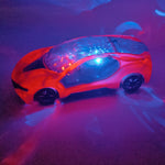 A red remote control car with a clear roof projects blue and red lights onto a dark surface.