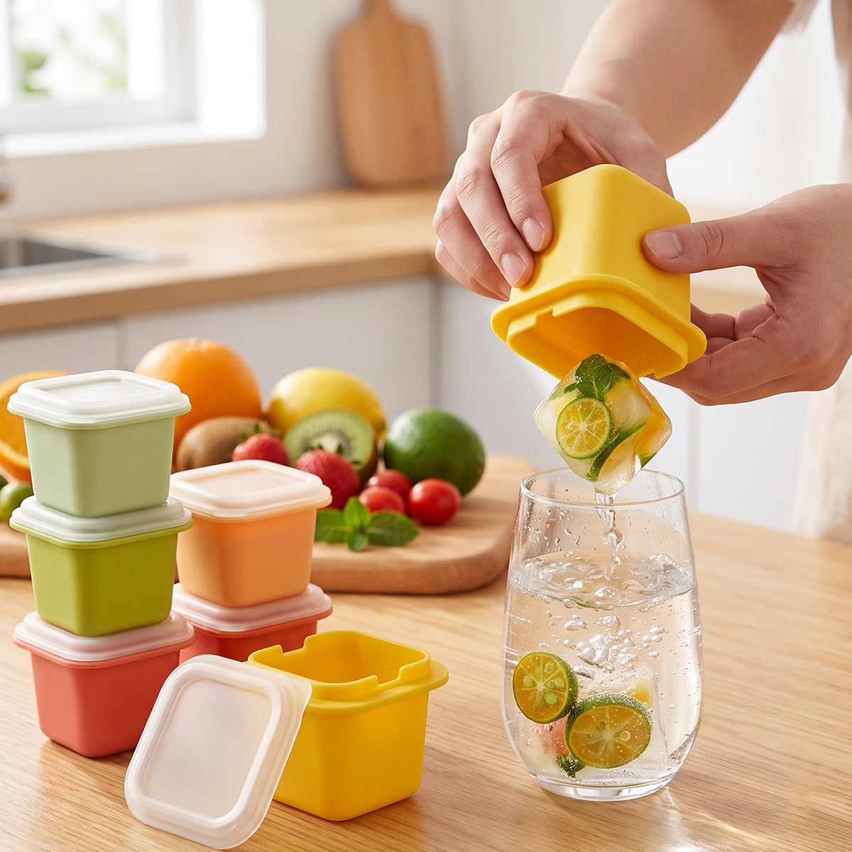 A person dispenses a citrus-infused ice cube from a yellow mold into a glass of water on a wooden counter, – view 8