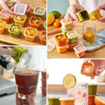 A four-panel collage shows various uses of the molds: filling with fruit, dispensing into drinks, and a close-up of a clear