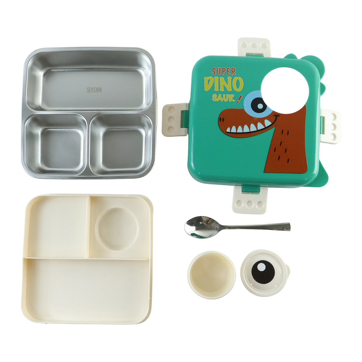 The disassembled green dinosaur lunchbox set, showing the stainless steel tray, plastic outer shell, inner divider, spoon,