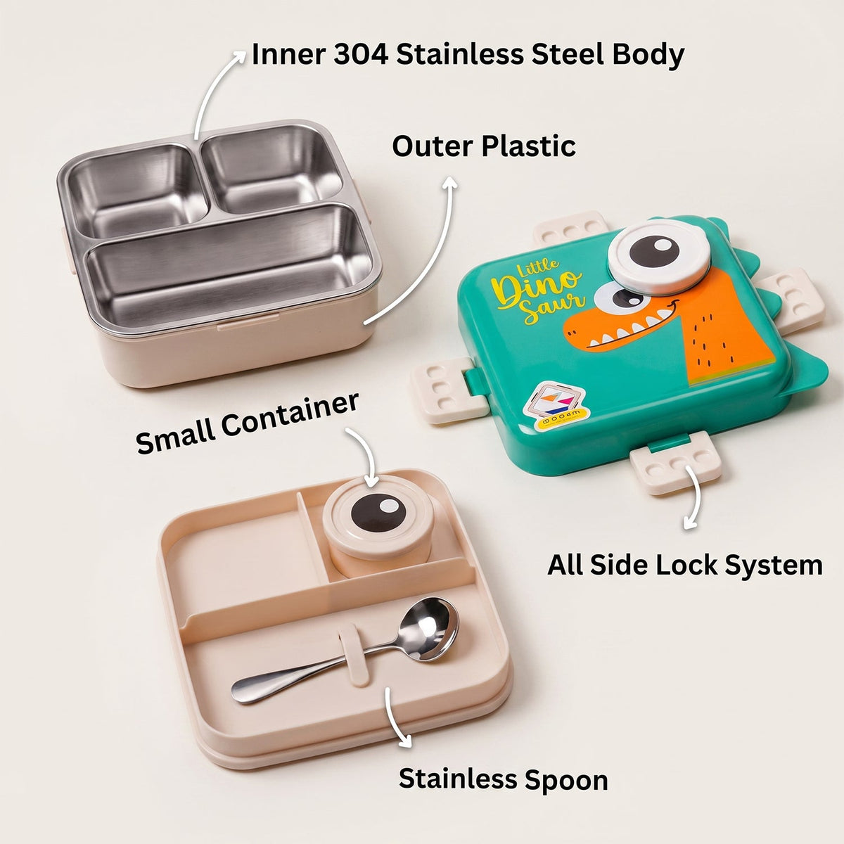 An exploded view of the lunchbox components, labeling the inner 304 stainless steel body, outer plastic, small container,