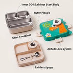 An exploded view of the lunchbox components, labeling the inner 304 stainless steel body, outer plastic, small container,