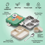 An infographic displaying the features of the lunchbox, including leakproof, BPA-free, freezer safe, airtight, and strong