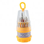 A yellow and clear pocket precision screwdriver set with various bits is shown against a white background.