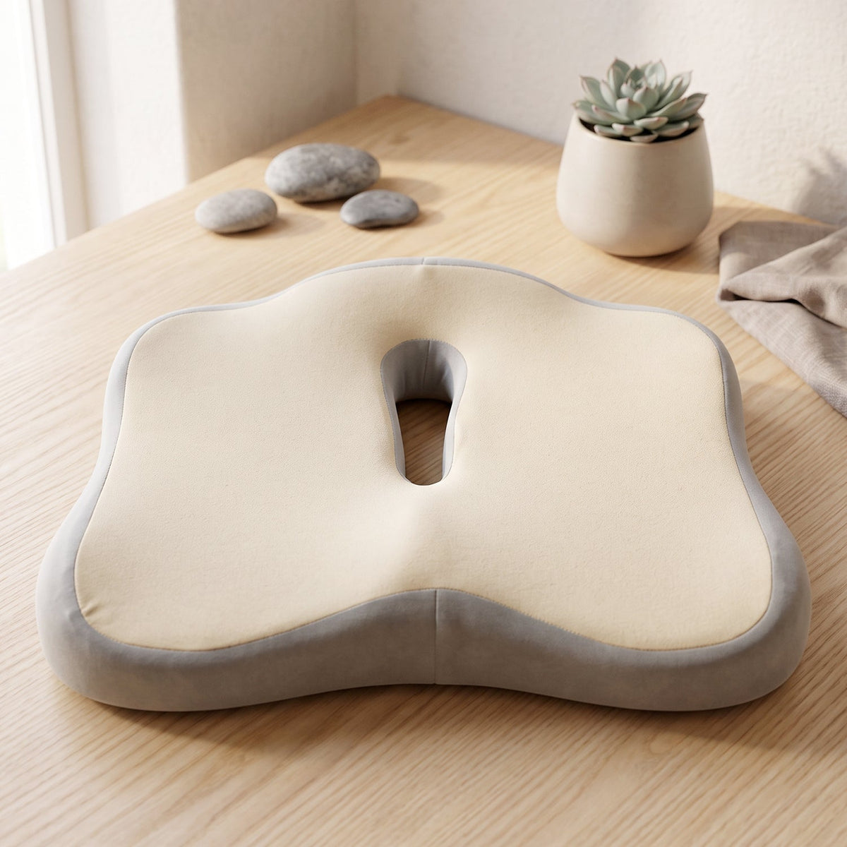 A beige and grey ergonomic seat cushion on a wooden table with decorative rocks and a small plant.