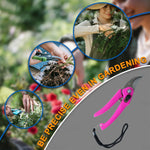 A pink garden pruner with a black wrist strap is shown with three circular insets demonstrating its use in gardening.