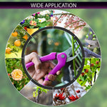 A circular collage of images showing pink pruning shears in use for various gardening tasks, including flowers, branches