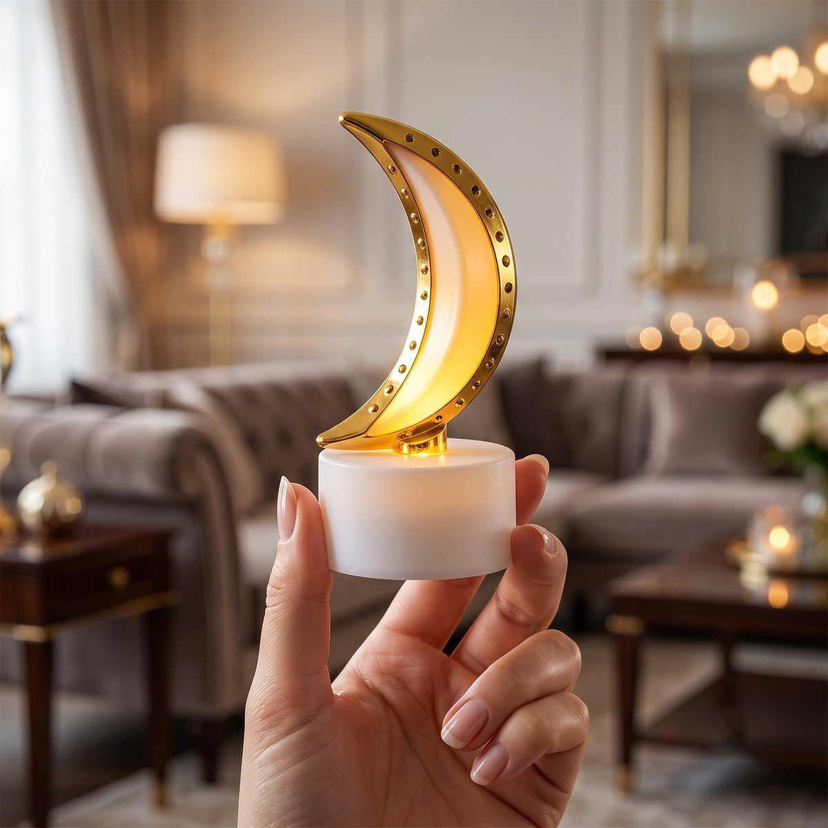 A hand holds a single golden crescent moon LED tealight with a warm glow in a living room