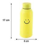 A yellow glass water bottle with a smiley face, showing its dimensions of 17 cm height and 6 cm width.