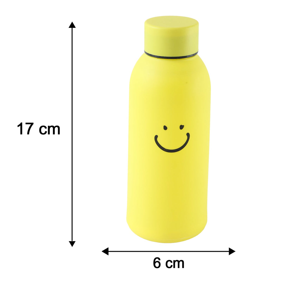 Yellow glass water bottle with a smiley face, showing dimensions of 17 cm height and 6 cm width.