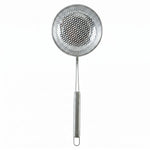 A single stainless steel perforated skimmer spoon with a long handle on a plain white background.