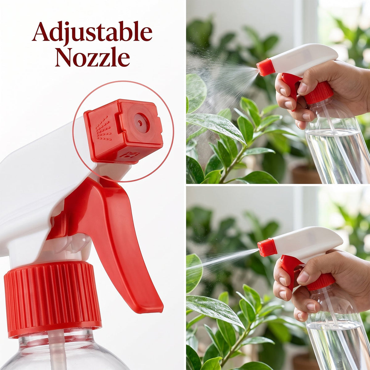 Red trigger sprayer fitted to a spray bottle