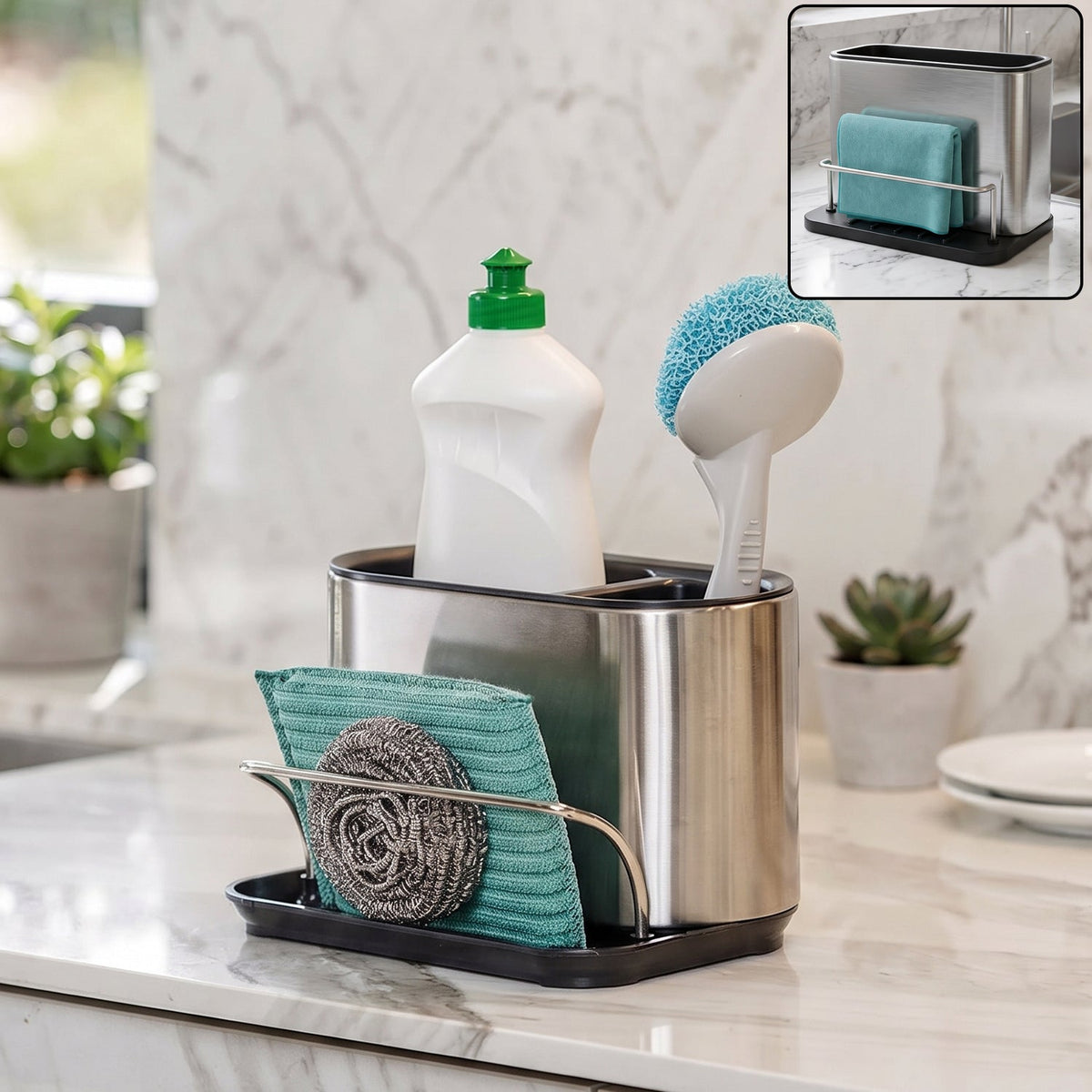 Kitchen Cleaning & Organisation Combo – Sink Caddy, Fine Mesh Strainer & Countertop Wiper