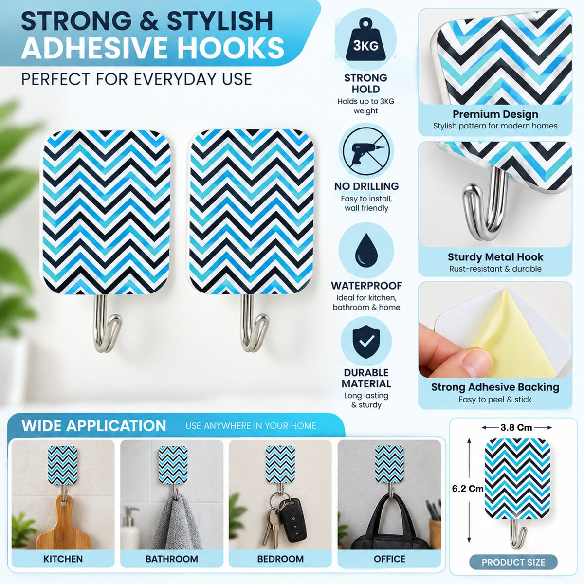 A pair of rectangular adhesive hooks with a blue and black chevron pattern are shown with various feature callouts.