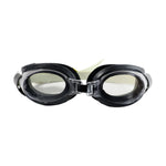 Front view of black and clear swimming goggles with a beige strap on a plain white background.